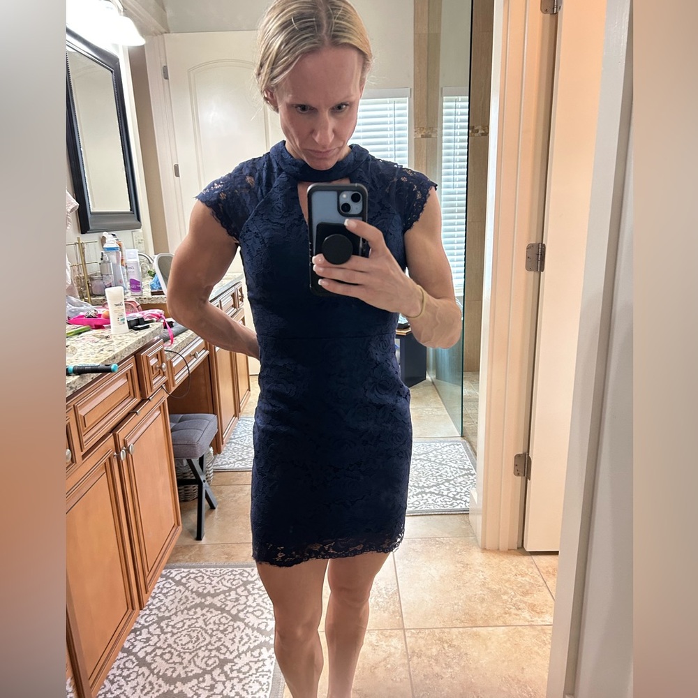 Lace detail navy blue dress